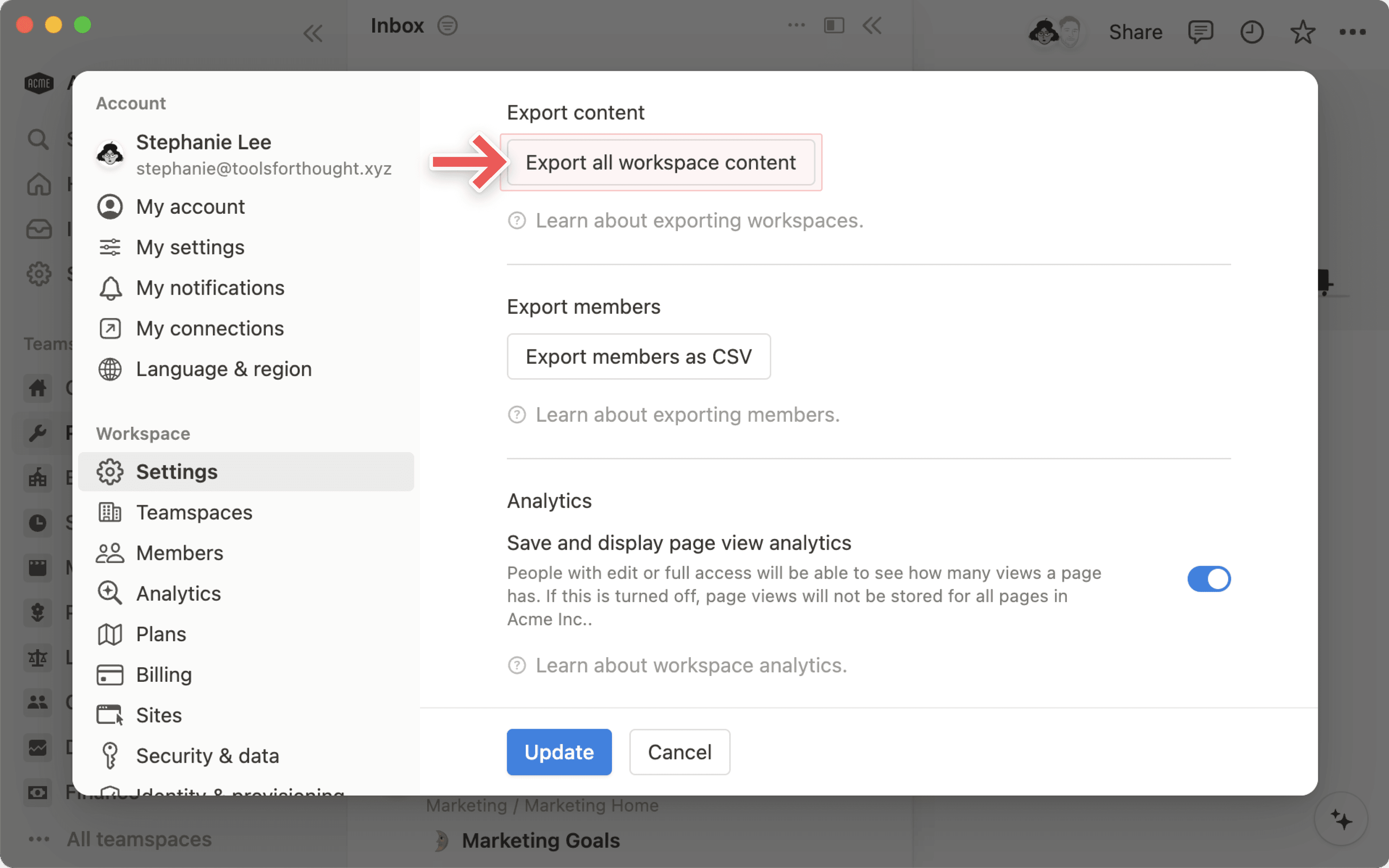 Workspace settings - export entire workspace