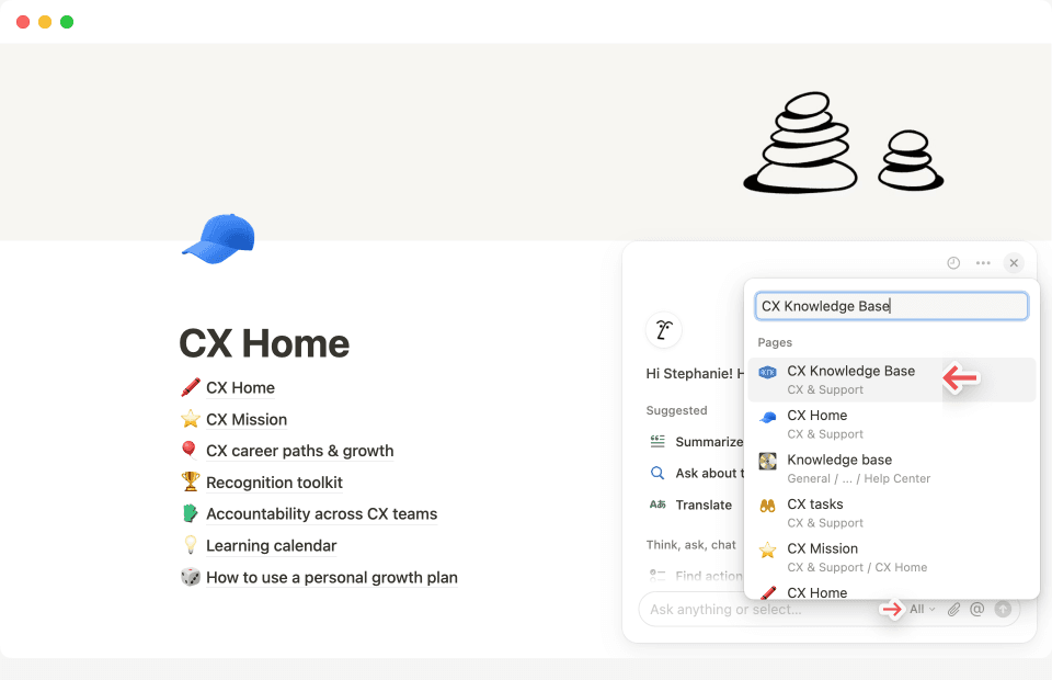 Select the page or source you want Notion AI to analyze for a specific answer.