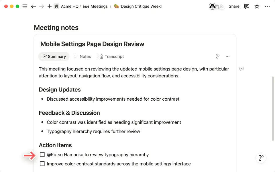 Notion AI automatically tags the right people in the summary tab when you tag them in your notes.