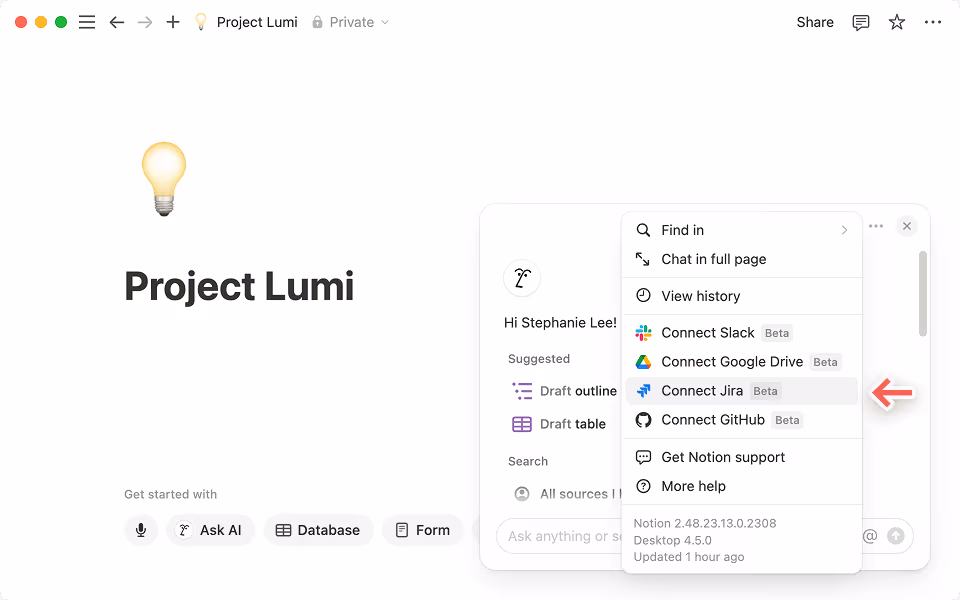 To connect JIRA, click the three dot menu on the top right of the Notion AI chat box.