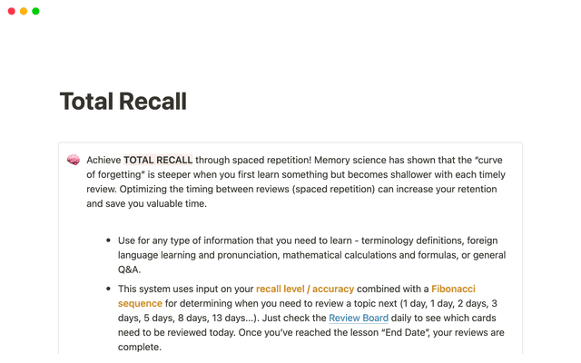 Total Recall - Dynamic Spaced Repetition Learning